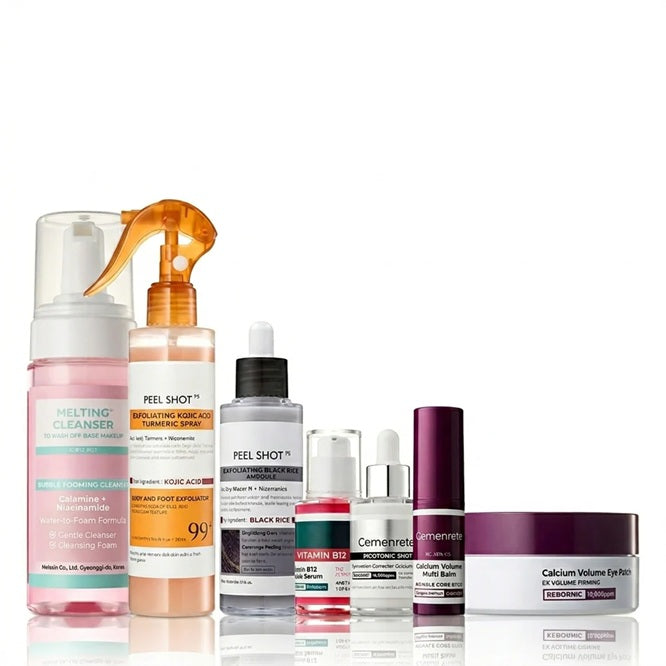 Dr. Melaxin - radiance skincare set for luminous skin, including a facial cleanser, eye patches, and a body spray